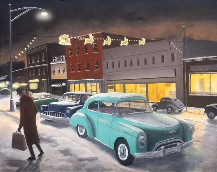 Framed Print : Retro 1950s scene of a man shopping late on Christmas Eve in a small North American town