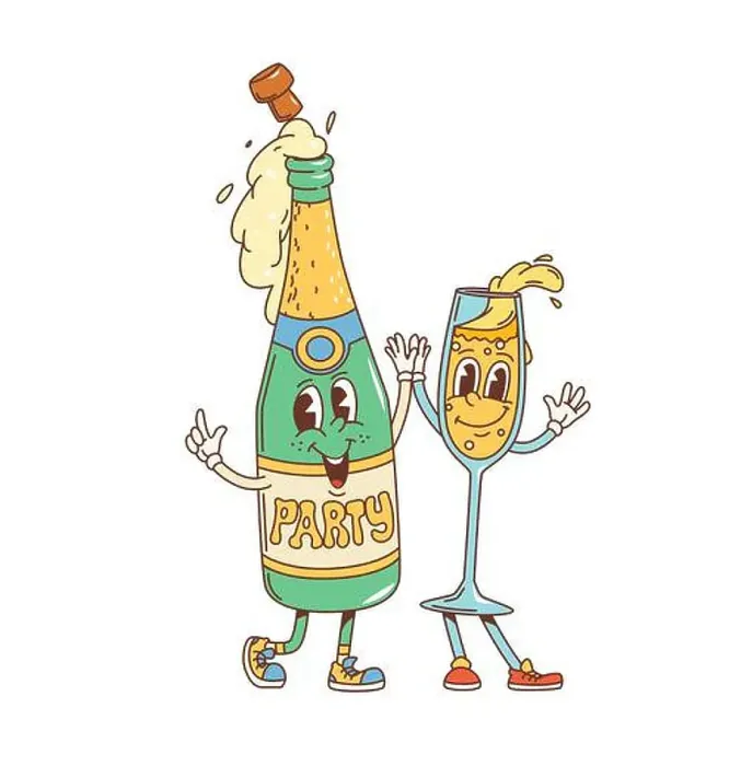 Framed Print : Retro cartoon groovy champagne characters celebrate party Framed Print : Retro cartoon groovy champagne characters celebrate party