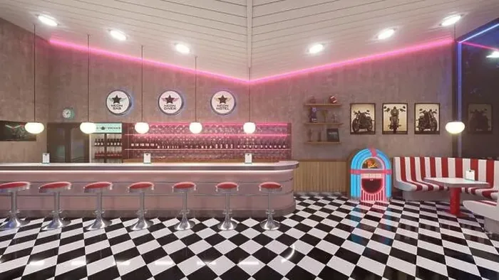 Framed Print : Retro diner interior with a tile floor, neon illumination, jukebox and art deco style bar stools. 3d illustration Framed Print : Retro diner interior with a tile floor, neon illumination, jukebox and art deco style bar stools. 3d illustration