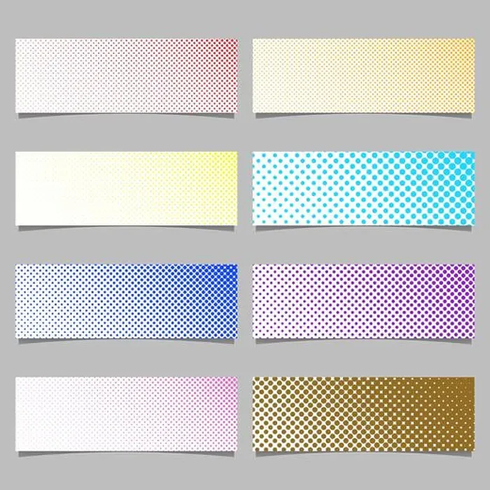Framed Print : Retro halftone dot pattern banner background set - horizontal illustrations with circles in varying sizes Framed Print : Retro halftone dot pattern banner background set - horizontal illustrations with circles in varying sizes