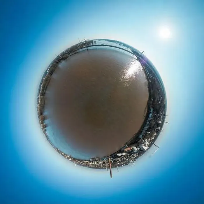 Framed Print : Rhine during flood next to bridge of highway A40 in Duisburg Neuenkamp Germany, little planet optic Framed Print : Rhine during flood next to bridge of highway A40 in Duisburg Neuenkamp Germany, little planet optic