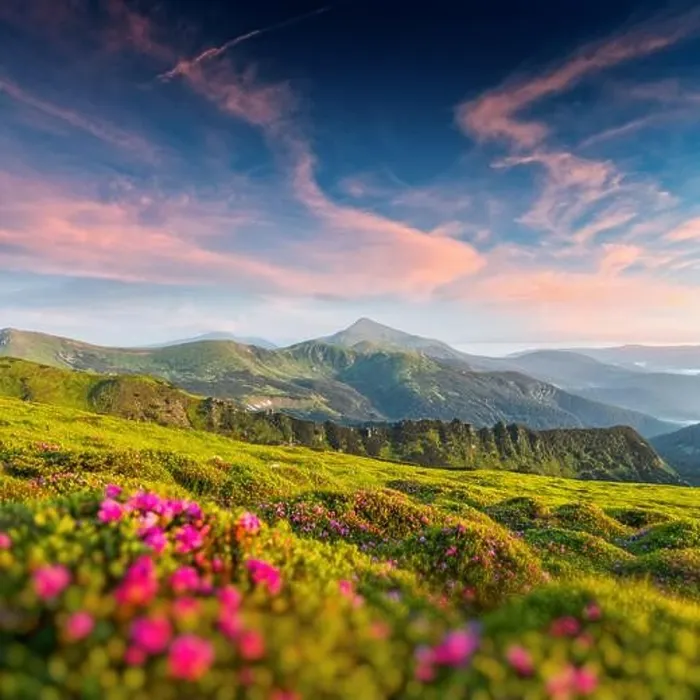 Framed Print : Rhododendron flowers covered mountains meadow in summer time. Purple sunrise light glowing on a foreground. Landscape photography Framed Print : Rhododendron flowers covered mountains meadow in summer time. Purple sunrise light glowing on a foreground. Landscape photography