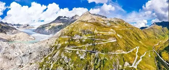 Framed Print : The Rhone Glacier and zig-zag road to Furka Pass in the Swiss Alps