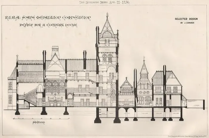 Framed Print : RIBA Soane Medallion competition. Country house by J. Conder 1876 old print Framed Print : RIBA Soane Medallion competition. Country house by J. Conder 1876 old print