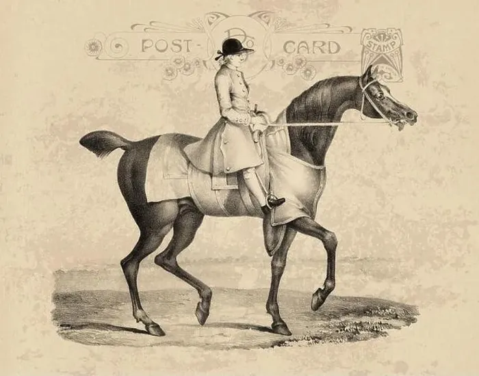 Framed Print : Riding horse drawing. Vintage-style illustration on an aged beige postcard paper background Framed Print : Riding horse drawing. Vintage-style illustration on an aged beige postcard paper background