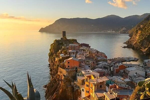 Riomaggiore, Italy, in the Cinque Terre coastal area during blue hour
