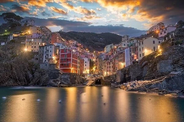 Riomaggiore, La Spezia, Italy beautiful hillside town in Cinque Terre at dawn