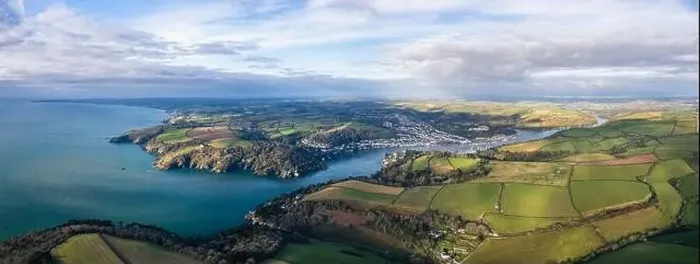 Framed Print : River Dart and Fields in autumn colors over Kingswear and Dartmouth from a drone, Devon, England, Europe