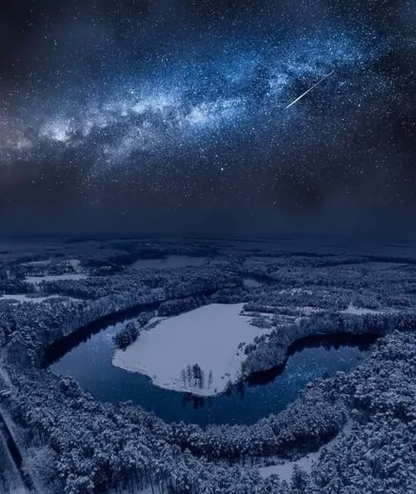Framed Print : River and snowy forest at night. Aerial view of wildlife in winter. Nature in Europe Framed Print : River and snowy forest at night. Aerial view of wildlife in winter. Nature in Europe