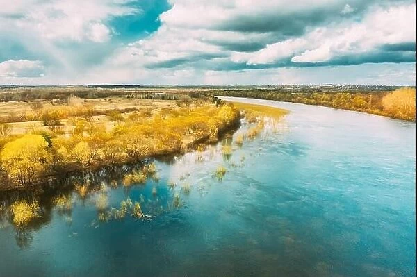 River During Spring Flood Water. Aerial View Landscape. Top View Of Beautiful European Nature From High Attitude In Springtime Season