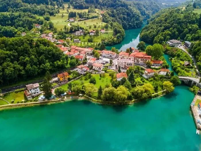 Framed Print : Riverside Most na Soci Picturesque Town in Slovenia Framed Print : Riverside Most na Soci Picturesque Town in Slovenia