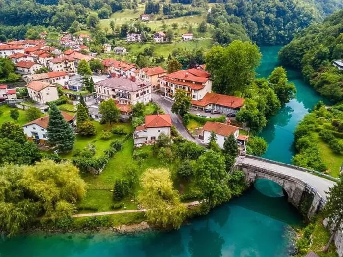 Framed Print : Riverside Most na Soci Picturesque Town in Slovenia Framed Print : Riverside Most na Soci Picturesque Town in Slovenia