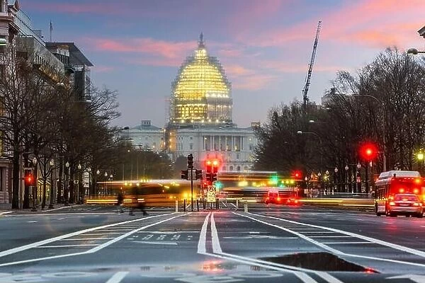 Road to the Capitol building in Washington DC at dusk