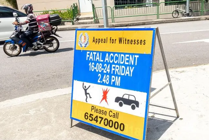 Framed Print : Roadside banner - 'Appeal for witnesses - fatal accident 16-08-24 Friday please call - Singapore