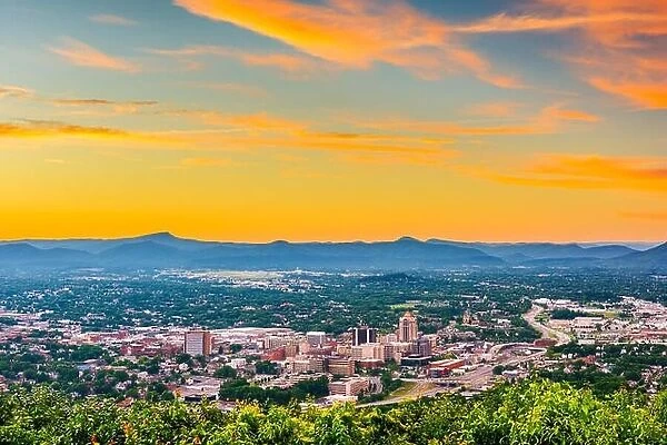 Roanoke, Virginia, USA downtown skyline from above at dusk