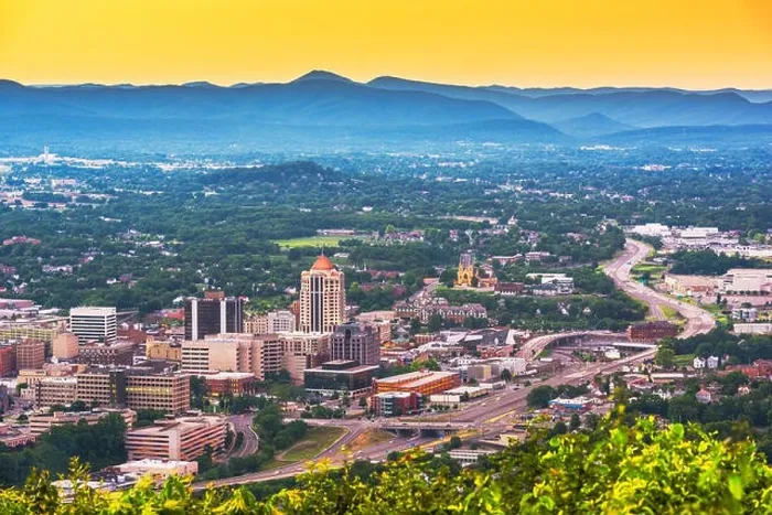 Framed Print : Roanoke, Virginia, USA downtown skyline from above at dusk Framed Print : Roanoke, Virginia, USA downtown skyline from above at dusk