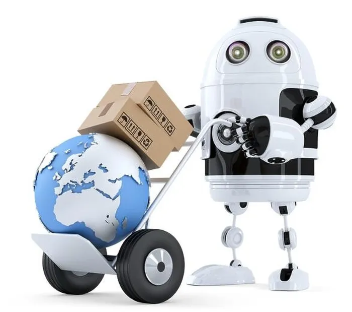 Framed Print : Robot pushing a hand truck with boxes. Isolated. Contains clipping path Framed Print : Robot pushing a hand truck with boxes. Isolated. Contains clipping path