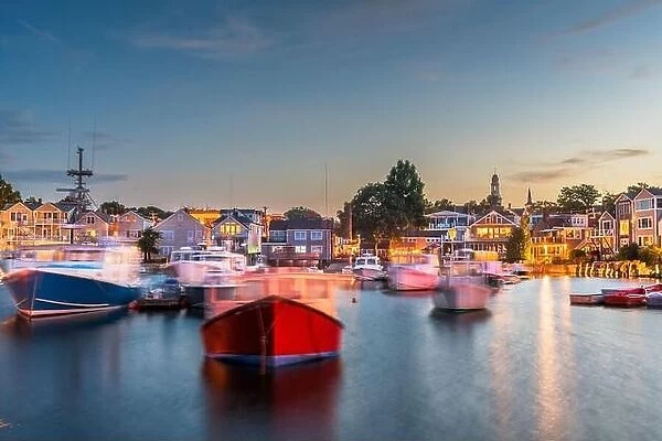 Rockport, Massachusetts, USA downtown and harbor view at dusk