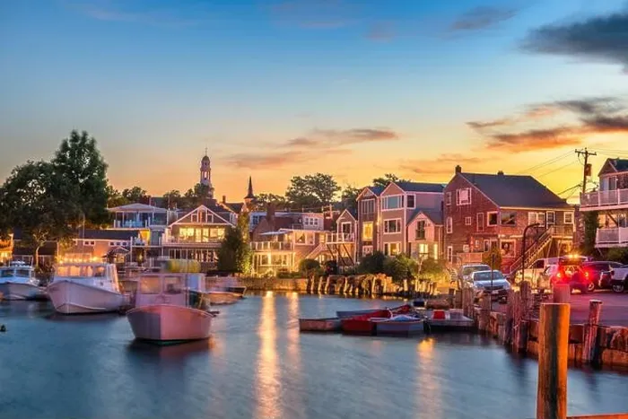 Framed Print : Rockport, Massachusetts, USA downtown and harbor view at dusk