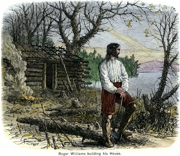 Framed Print : Roger Williams building his house in Rhode Island 1636. Hand-colored woodcut Framed Print : Roger Williams building his house in Rhode Island 1636. Hand-colored woodcut