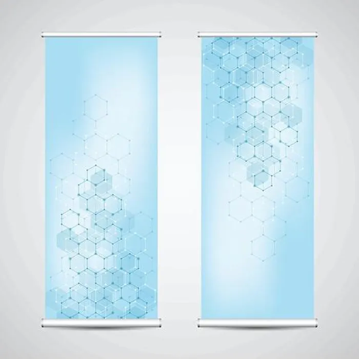 Framed Print : Roll up banner stands with abstract geometric background of hexagons pattern Framed Print : Roll up banner stands with abstract geometric background of hexagons pattern