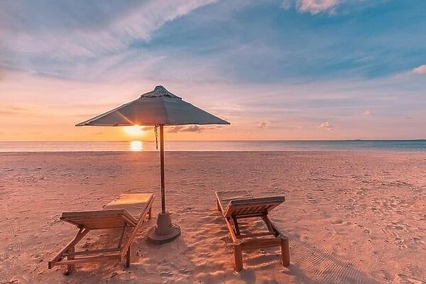 Romantic beach scenery, summer vacation or honeymoon background. Travel adventure sunset landscape of tropical island beach