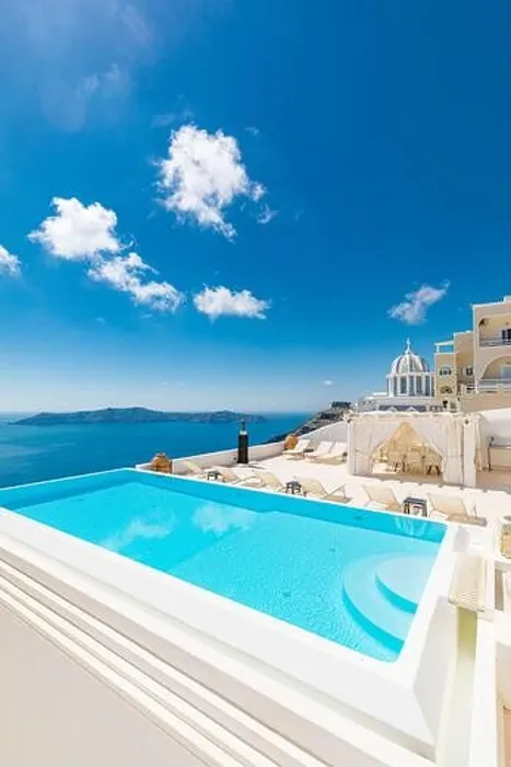 Framed Print : Romantic holidays Santorini resorts with infinity pool and sea view. Amazing summer travel landscape and white architecture, honeymoon destination Framed Print : Romantic holidays Santorini resorts with infinity pool and sea view. Amazing summer travel landscape and white architecture, honeymoon destination