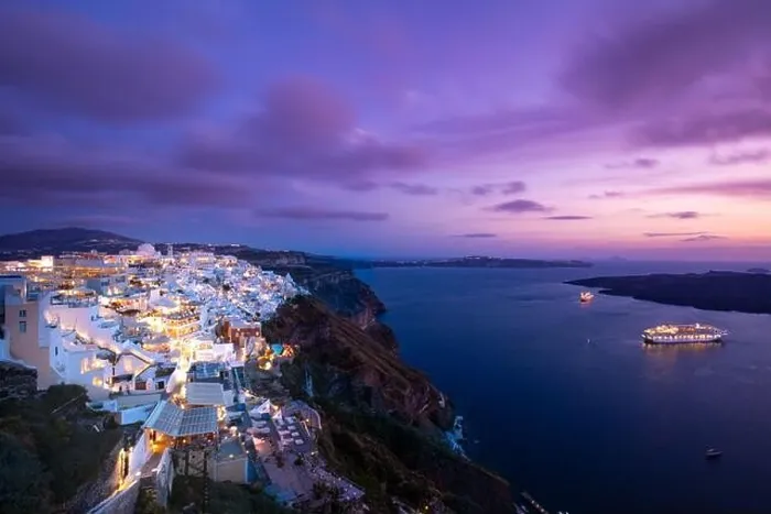 Framed Print : Romantic Santorini island during sunset, Greece, Europe. Romantic couple destination cruise ships amazing sunset sky city lights. Amazing landscape Framed Print : Romantic Santorini island during sunset, Greece, Europe. Romantic couple destination cruise ships amazing sunset sky city lights. Amazing landscape