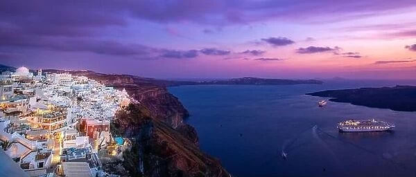 Romantic Santorini island during sunset, Greece, Europe. Romantic couple destination cruise ships amazing sunset sky city lights. Amazing landscape