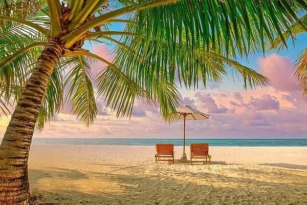 Romantic scenic beach, tropical shore sunset, two sun beds, loungers, umbrella under palm tree. White sand, seaside view horizon, colorful twilight