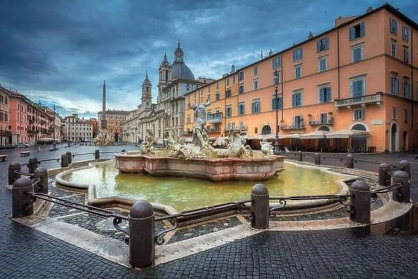 Rome. Cityscape image of Novona Square, Rome with Fountain of Neptune during rainy morning