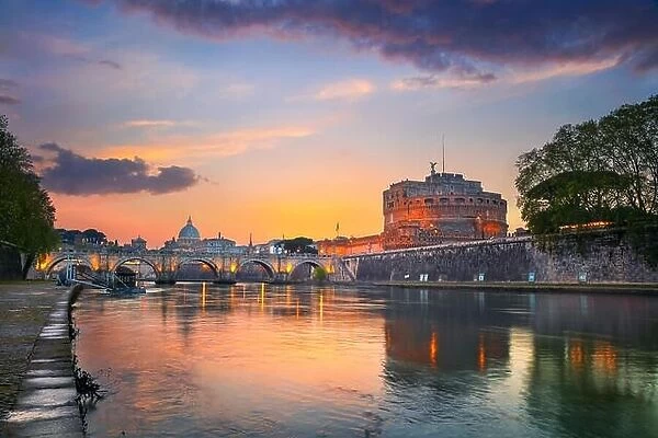 Rome. Image of the Castle of Holy Angel and Holy Angel Bridge over the Tiber River in Rome at sunset
