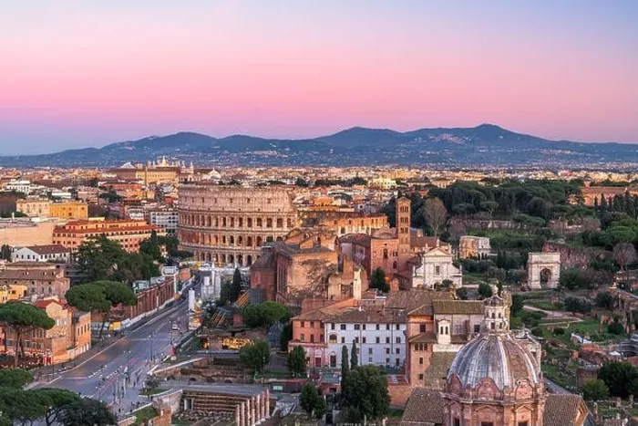 Framed Print : Rome, Italy overlooking the Roman Forum and Colosseum at dusk Framed Print : Rome, Italy overlooking the Roman Forum and Colosseum at dusk