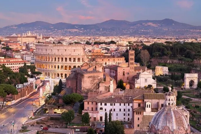 Framed Print : Rome, Italy view towards the Colosseum with archeological areas at sunset Framed Print : Rome, Italy view towards the Colosseum with archeological areas at sunset