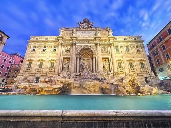 Rome Trevi Fountain or Fontana di Trevi in the morning, Rome, Italy. Trevi is the largest Baroque, most famous and visited by tourists fountain of Rom