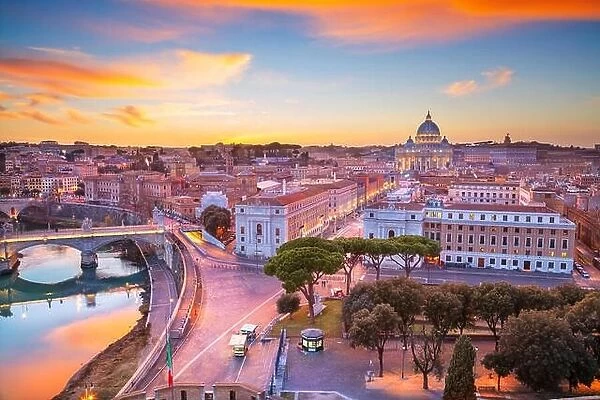 Rome, Vatican City. Aerial cityscape image of Vatican City with the Saint Peter Basilica, Rome, Italy during beautiful sunset