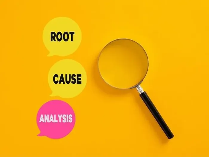Framed Print : Root cause analysis concept written on speech bubbles with magnifying glass. Business problem solving