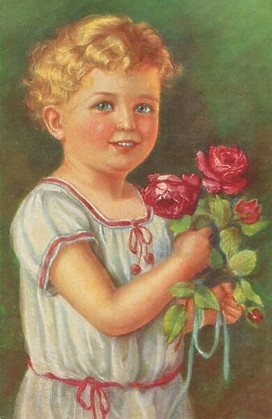 roses, kitsch, nostalgic, postcard, picture postcard, child, rose bouquet