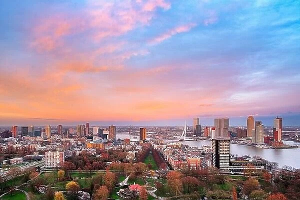 Rotterdam, Netherlands, city skyline over the Nieuwe Maas River at twilight