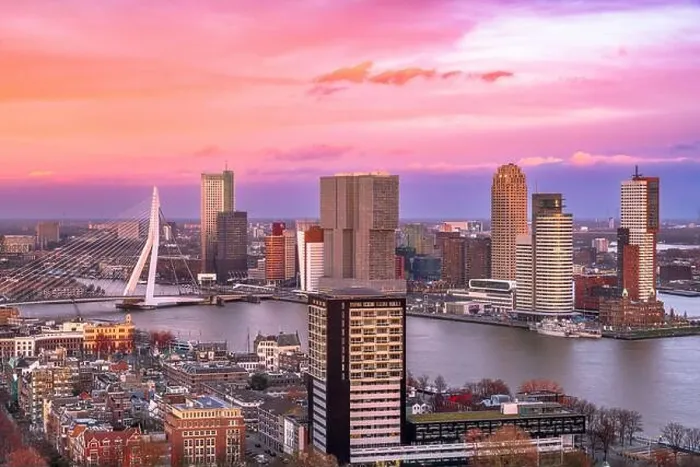 Framed Print : Rotterdam, Netherlands, city skyline over the Nieuwe Maas River at twilight Framed Print : Rotterdam, Netherlands, city skyline over the Nieuwe Maas River at twilight