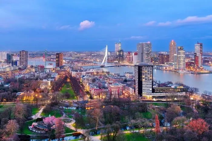 Framed Print : Rotterdam, Netherlands, city skyline over the Nieuwe Maas River at twilight Framed Print : Rotterdam, Netherlands, city skyline over the Nieuwe Maas River at twilight