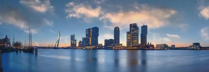 Framed Print : Rotterdam, Netherlands, city skyline on the river at twilight Framed Print : Rotterdam, Netherlands, city skyline on the river at twilight