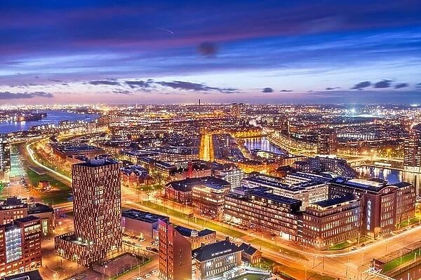 Rotterdam, Netherlands, cityscape towards the borough of Delfshaven at twilight