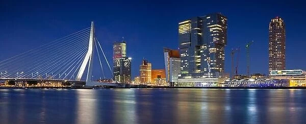 Rotterdam Panorama. Panoramic image of Rotterdam, Netherlands during twilight blue hour