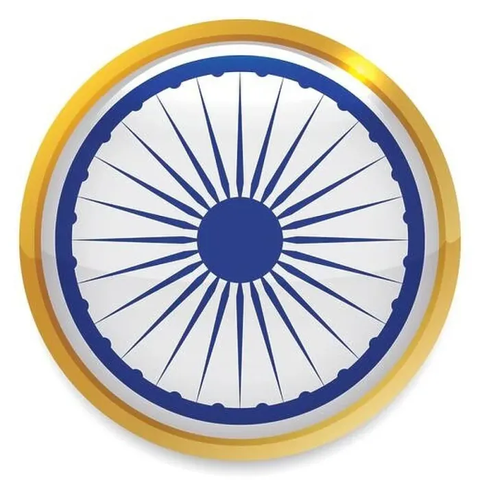 Framed Print : Round button with golden frame and blue Ashoka Chakra wheel inside of it Framed Print : Round button with golden frame and blue Ashoka Chakra wheel inside of it