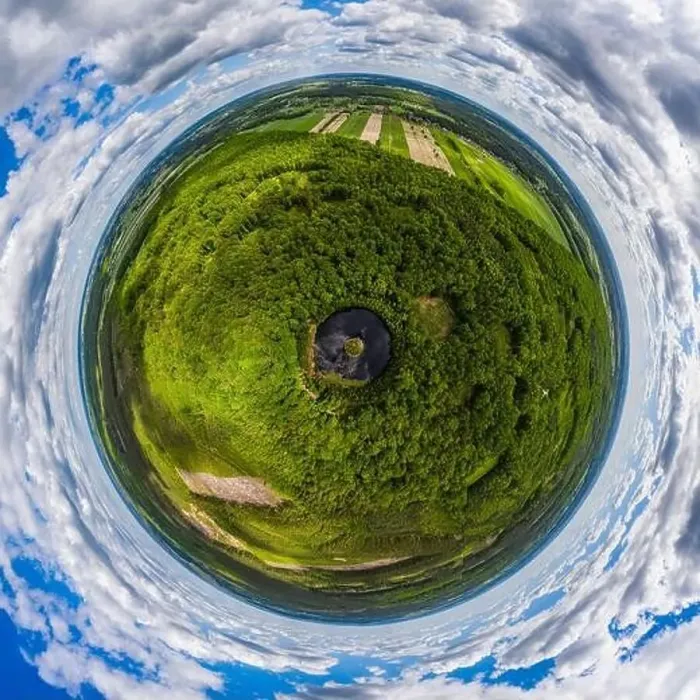 Framed Print : Round lake with island in the middle among forest, little planet aerial view Framed Print : Round lake with island in the middle among forest, little planet aerial view