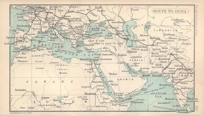 Framed Print : Routes to India from UK. British India. BARTHOLOMEW 1898 old antique map chart Framed Print : Routes to India from UK. British India. BARTHOLOMEW 1898 old antique map chart