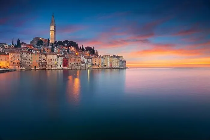Framed Print : Rovinj, Croatia. Beautiful romantic old town of Rovinj during sunset, Istrian Peninsula, Croatia, Europe