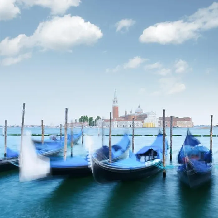 Framed Print : Row of gondolas parked on city pier Framed Print : Row of gondolas parked on city pier