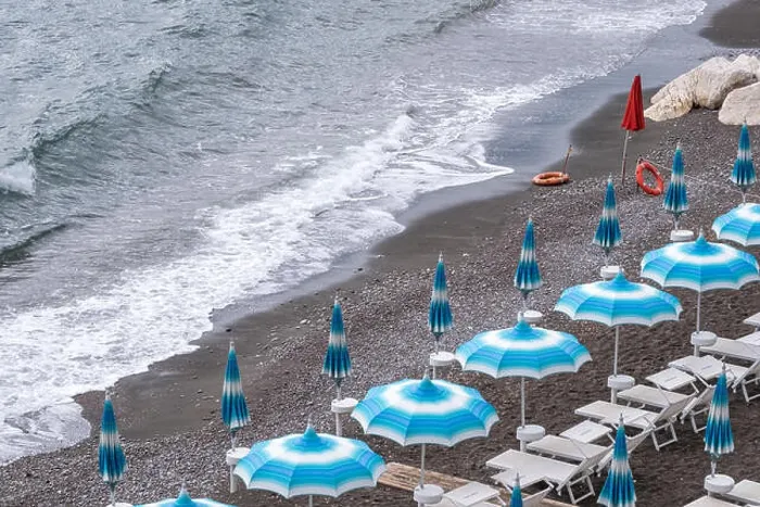 Framed Print : Rows of blue and white parasols and sunbeds on the beach at Atrani on the Amalfi Coast, Italy Framed Print : Rows of blue and white parasols and sunbeds on the beach at Atrani on the Amalfi Coast, Italy